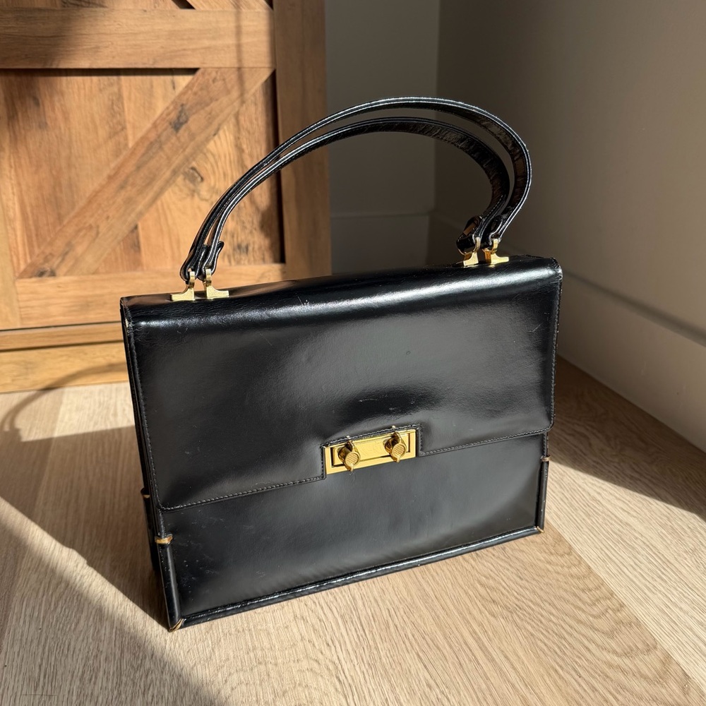 Vintage Black Leather Handbag | Red Interior | Structured Retro Purse w/ Mirror